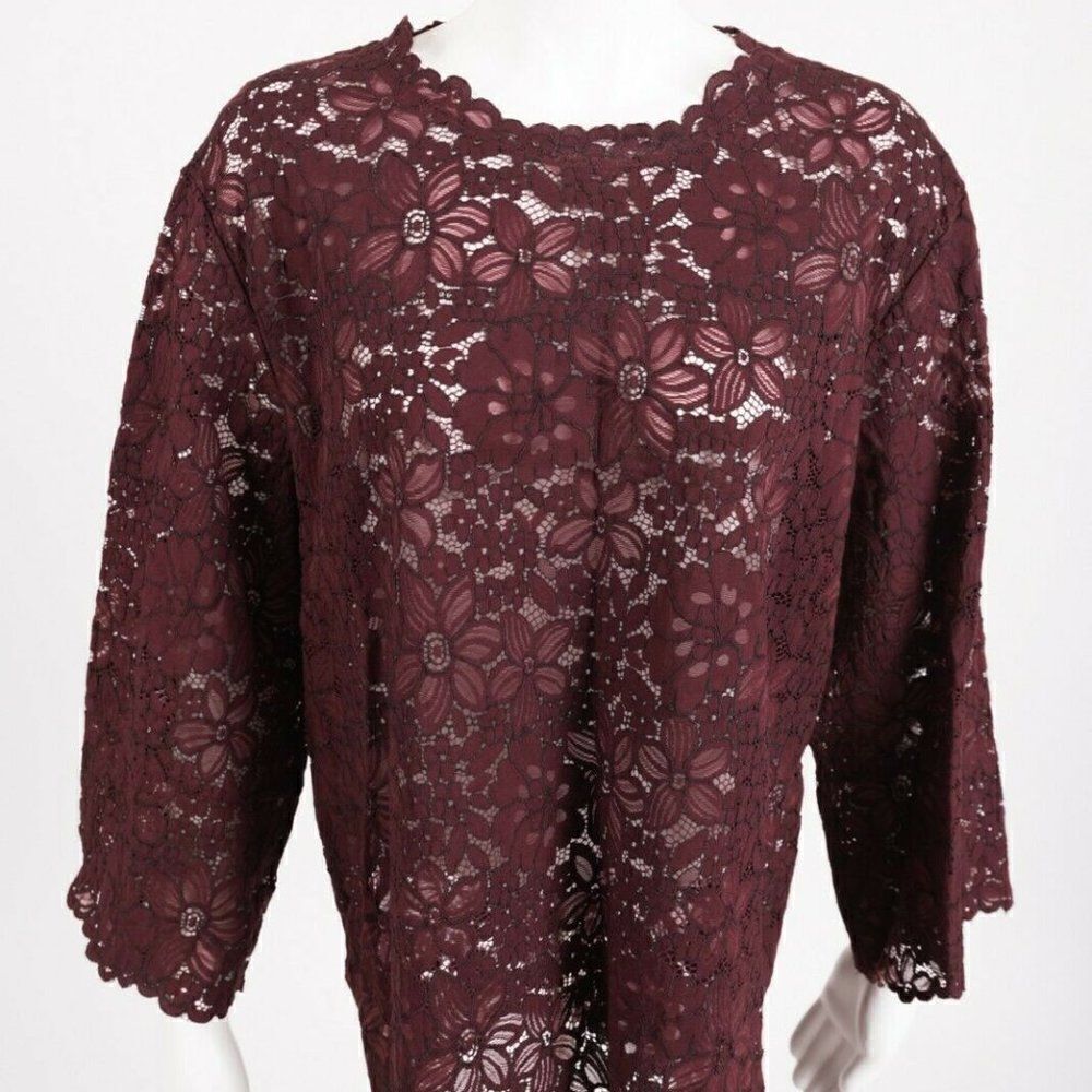 Zara Womens Lace Blouse Shirt Top XS Floral Burgun
